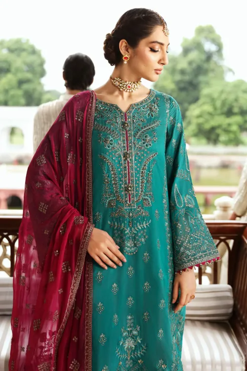 Teal Green & Maroon Red Unstitched Embroidered Silk Long Shirt by Mehak | E-810 - Patel Brothers NX 3