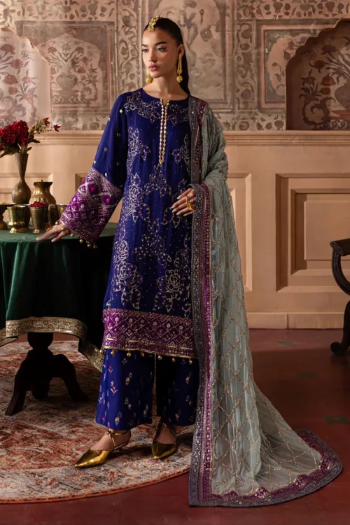 Nur Mahal by Nureh NE-137 | Dark Indigo Blue Silk Party Wear Suit with Intricate Embroidery - Patel Brothers NX