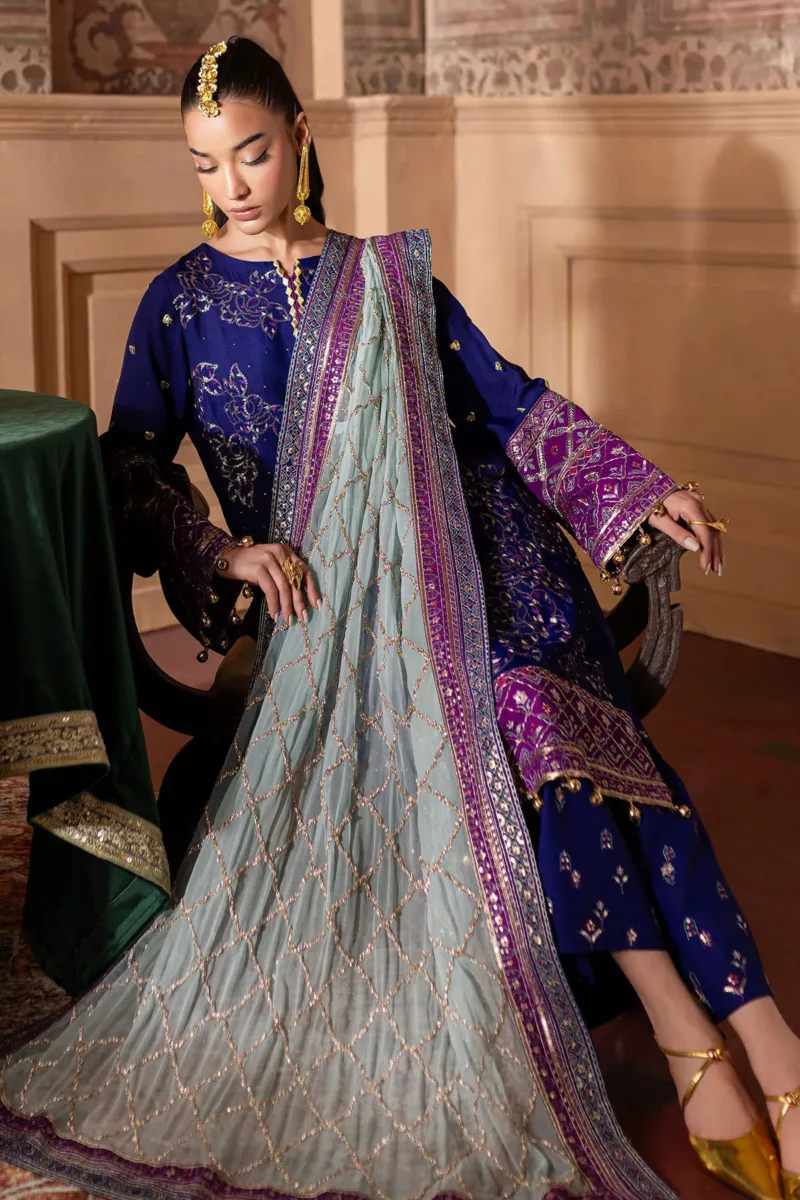 Nur Mahal by Nureh NE-137 | Dark Indigo Blue Silk Party Wear Suit with Intricate Embroidery - Patel Brothers NX 7