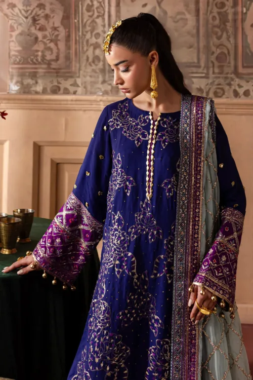 Nur Mahal by Nureh NE-137 | Dark Indigo Blue Silk Party Wear Suit with Intricate Embroidery - Patel Brothers NX 3