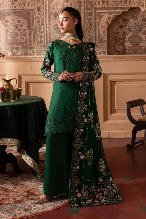 Nur Mahal by Nureh NE-138 | Dark Green Silk Party Wear Suit with Embroidery & Cutwork - Patel Brothers NX 4