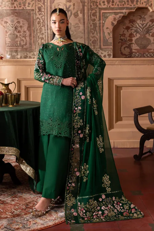 Nur Mahal by Nureh NE-138 | Dark Green Silk Party Wear Suit with Embroidery & Cutwork - Patel Brothers NX