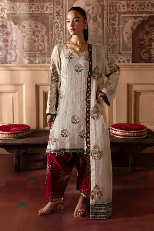 Nur Mahal by Nureh NE-139 | Ivory Cream & Red Silk Party Wear Suit with Makaish & Embroidery - Patel Brothers NX