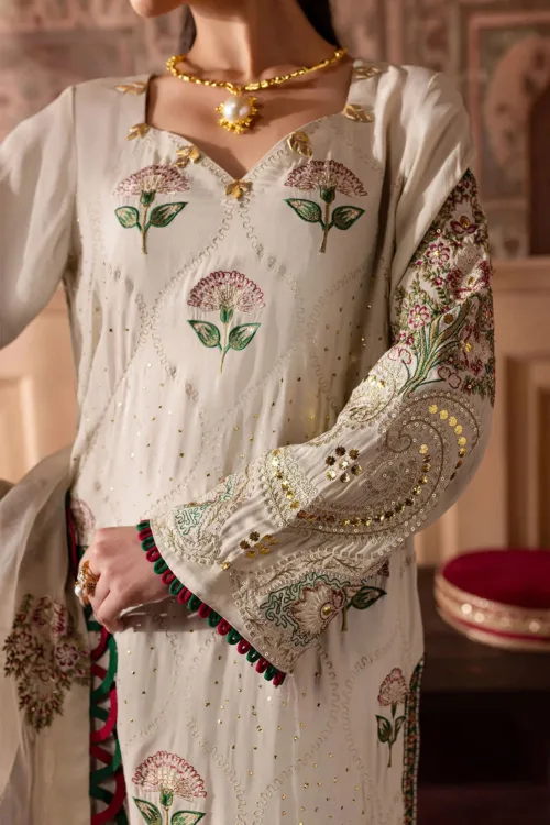 Nur Mahal by Nureh NE-139 | Ivory Cream & Red Silk Party Wear Suit with Makaish & Embroidery - Patel Brothers NX 3