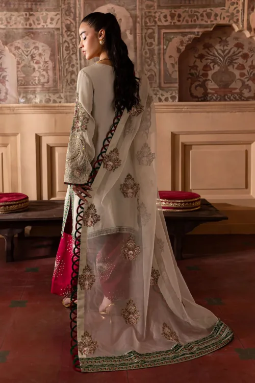 Nur Mahal by Nureh NE-139 | Ivory Cream & Red Silk Party Wear Suit with Makaish & Embroidery - Patel Brothers NX 2