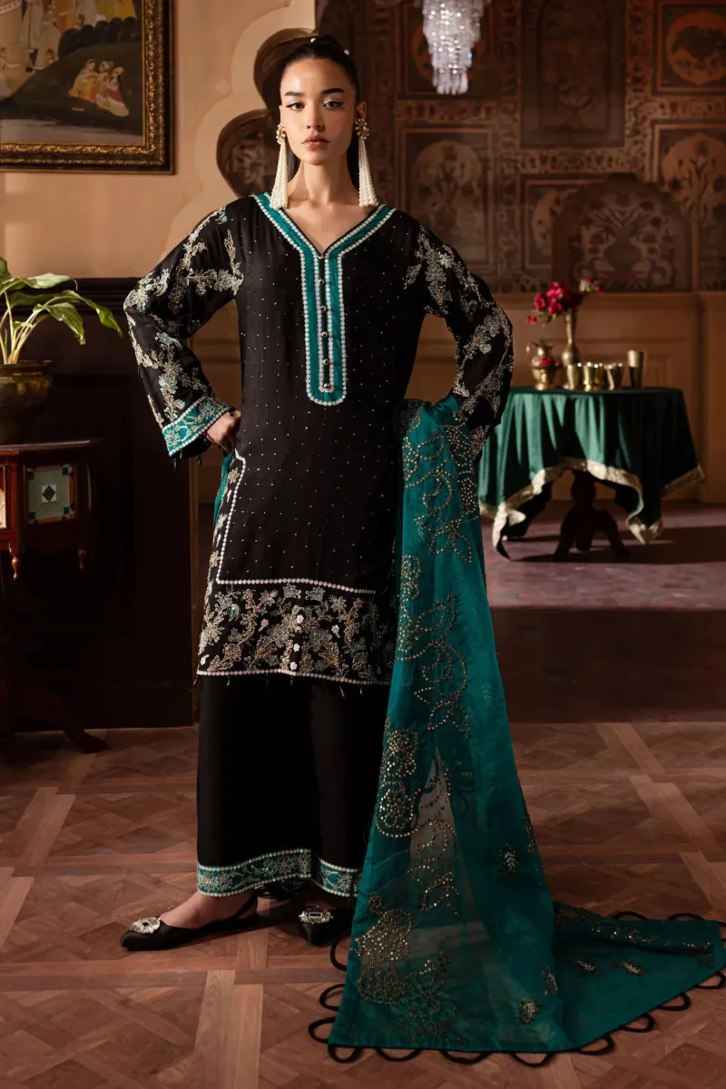 Nur Mahal by Nureh NE-140 | Black Silk Party Wear Suit with Turquoise Organza Dupatta - Patel Brothers NX 5