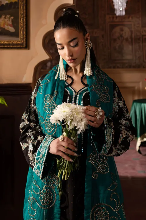 Nur Mahal by Nureh NE-140 | Black Silk Party Wear Suit with Turquoise Organza Dupatta - Patel Brothers NX 4