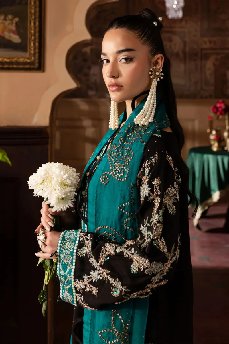 Nur Mahal by Nureh NE-140 | Black Silk Party Wear Suit with Turquoise Organza Dupatta - Patel Brothers NX 11