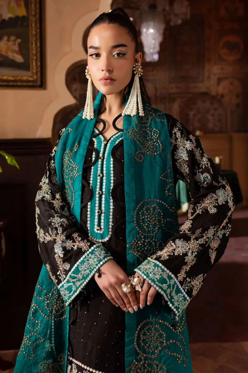 Nur Mahal by Nureh NE-140 | Black Silk Party Wear Suit with Turquoise Organza Dupatta - Patel Brothers NX 10