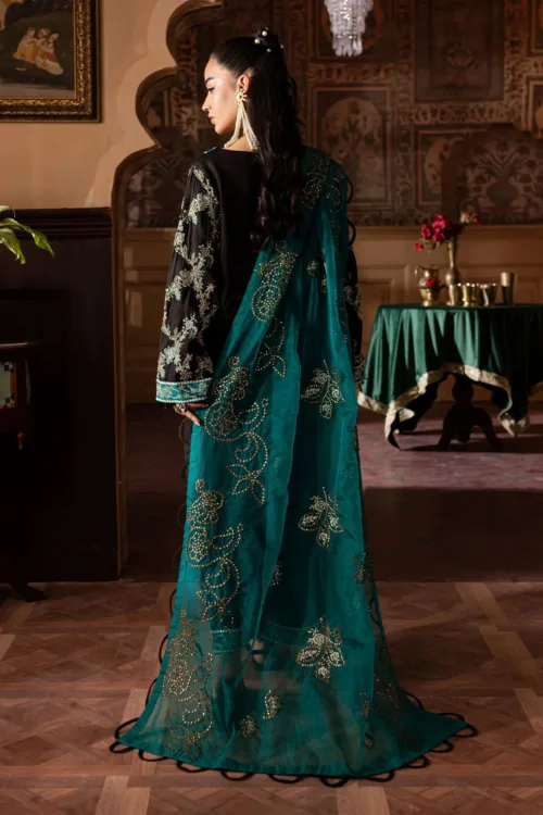 Nur Mahal by Nureh NE-140 | Black Silk Party Wear Suit with Turquoise Organza Dupatta - Patel Brothers NX 2