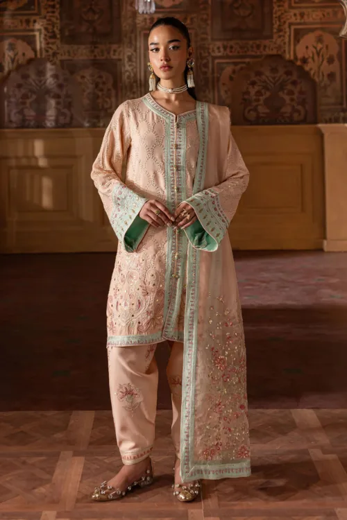 Nur Mahal by Nureh NE-141 | Nude Peach Silk Party Wear Suit with Embroidered Dupatta - Patel Brothers NX