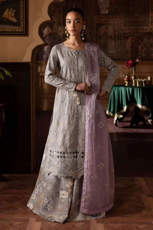 Nur Mahal by Nureh NE-142 | Lavender Gray Silk Party Wear Suit with Embroidered Organza Dupatta - Patel Brothers NX