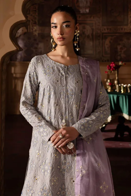 Nur Mahal by Nureh NE-142 | Lavender Gray Silk Party Wear Suit with Embroidered Organza Dupatta - Patel Brothers NX 3