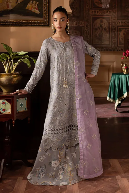 Nur Mahal by Nureh NE-142 | Lavender Gray Silk Party Wear Suit with Embroidered Organza Dupatta - Patel Brothers NX 4