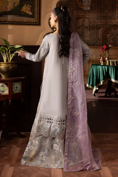 Nur Mahal by Nureh NE-142 | Lavender Gray Silk Party Wear Suit with Embroidered Organza Dupatta - Patel Brothers NX 2