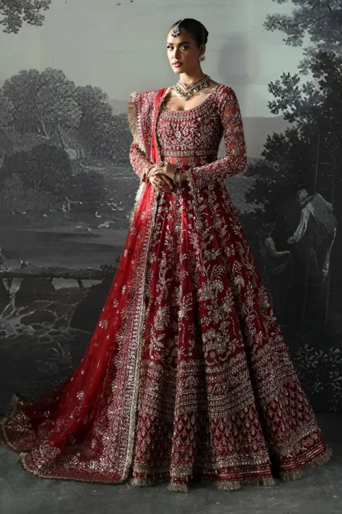 Red Unstitched Hand-Embellished Net Bridal Peshwas by Afrozeh | Anastasia – The Brides Edit 841 - Patel Brothers NX