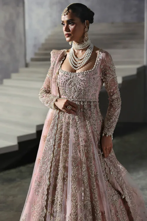 Powder Pink Unstitched Hand-Embellished Bridal Peshwas by Afrozeh | Sofia – The Brides Edit 842 - Patel Brothers NX 3