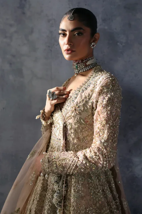 Peach Pink Unstitched Hand-Embellished Angrakha Bridal Gown by Afrozeh | Emilia – The Brides Edit 845 - Patel Brothers NX 4