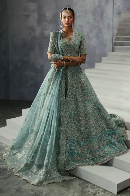 Turquoise Unstitched Hand-Embellished Lehenga Choli by Afrozeh | Amore – The Brides Edit 848 - Patel Brothers NX 7