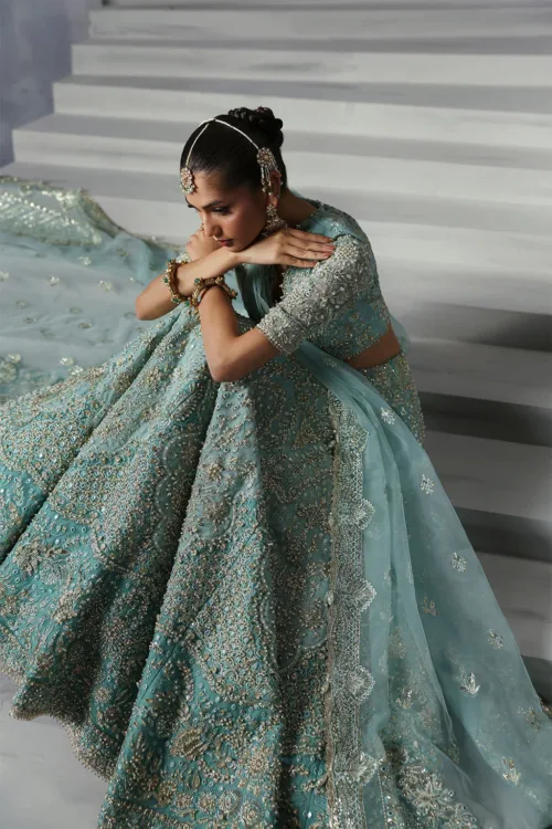 Turquoise Unstitched Hand-Embellished Lehenga Choli by Afrozeh | Amore – The Brides Edit 848 - Patel Brothers NX 9