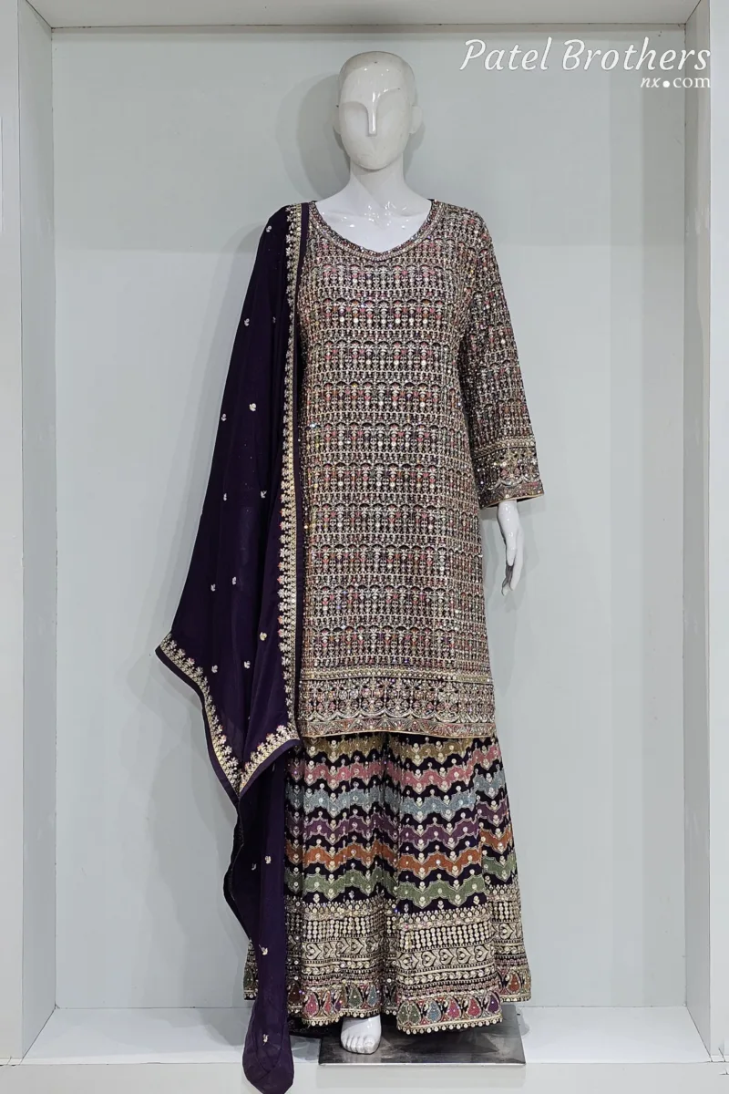 Dark Purple Embroidered Chinon Chiffon 3PC Set | Luxury Formal Wear 3592 A - Patel Brothers NX 3
