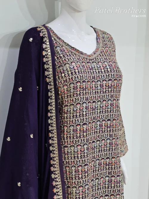 Dark Purple Embroidered Chinon Chiffon 3PC Set | Luxury Formal Wear 3592 A - Patel Brothers NX 2