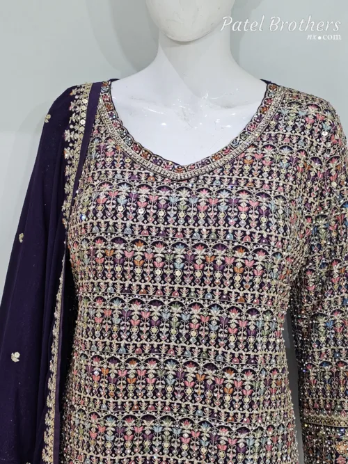 Dark Purple Embroidered Chinon Chiffon 3PC Set | Luxury Formal Wear 3592 A - Patel Brothers NX 4