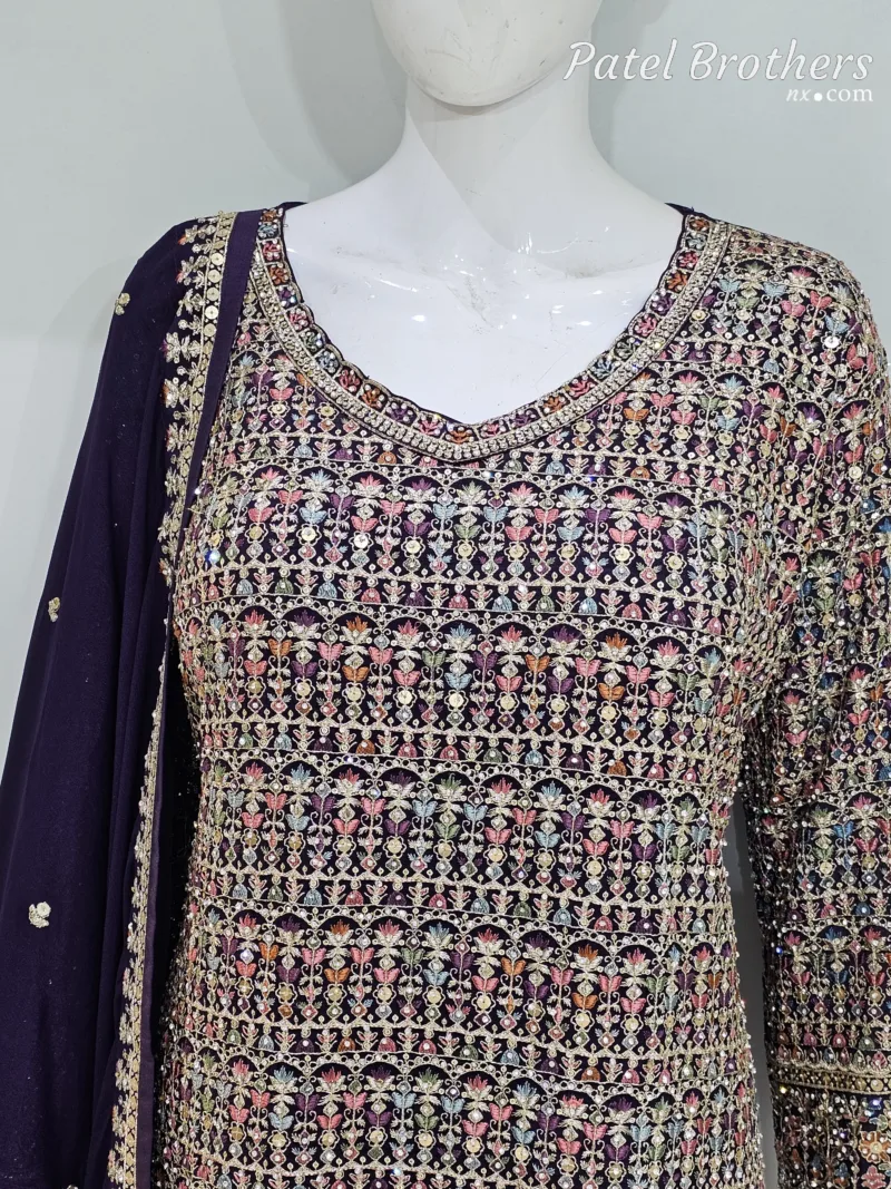 Dark Purple Embroidered Chinon Chiffon 3PC Set | Luxury Formal Wear 3592 A - Patel Brothers NX 6
