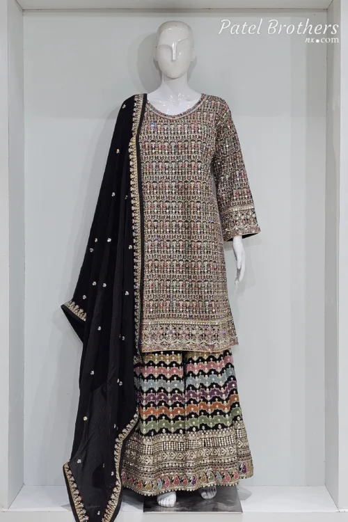 Black Embroidered Chinon Chiffon 3PC Set | Luxury Formal Wear 3592 A - Patel Brothers NX
