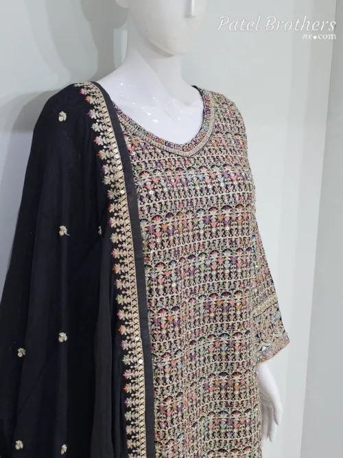 Black Embroidered Chinon Chiffon 3PC Set | Luxury Formal Wear 3592 A - Patel Brothers NX 2
