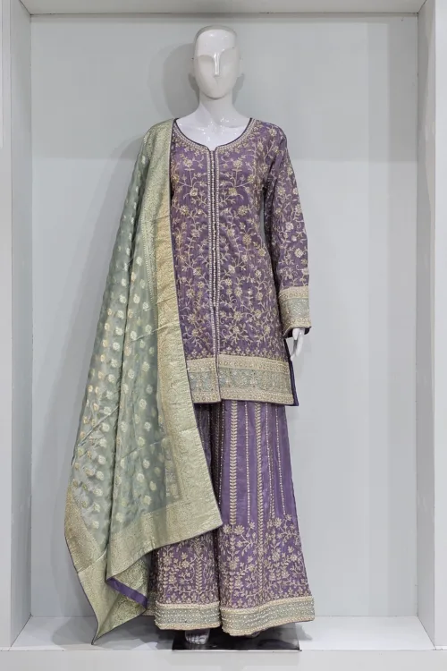 Pure Shimmer Tissue Lilac Purple Suit – Traditional Elegance with Handcrafted Details  |  3586 B - Patel Brothers NX