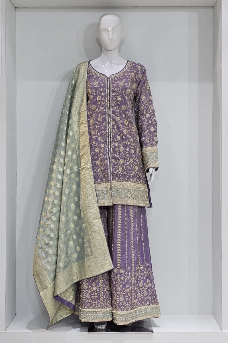 Pure Shimmer Tissue Lilac Purple Suit – Traditional Elegance with Handcrafted Details  |  3586 B - Patel Brothers NX 3