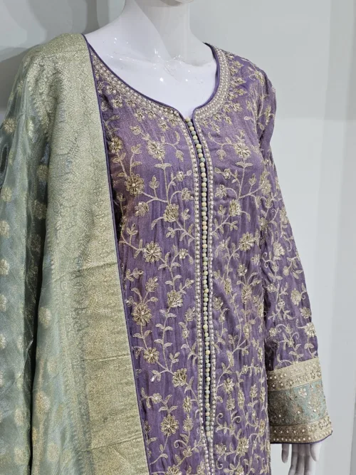 Pure Shimmer Tissue Lilac Purple Suit – Traditional Elegance with Handcrafted Details  |  3586 B - Patel Brothers NX 2