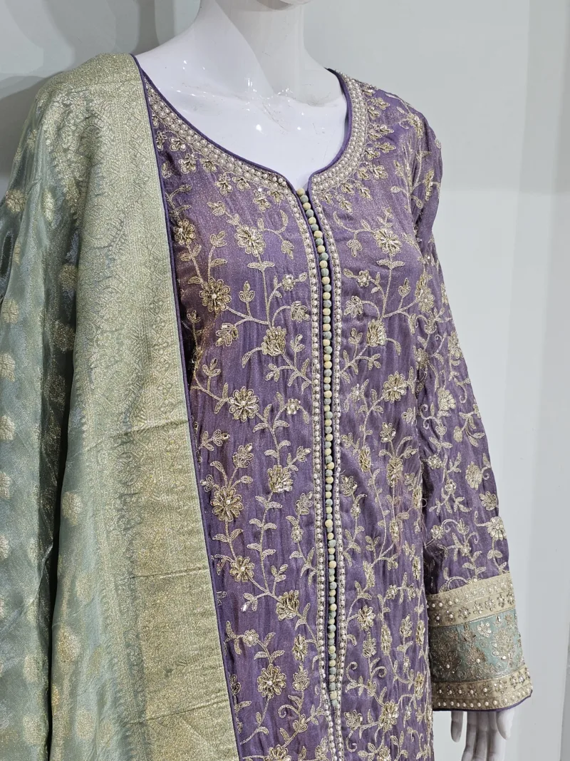 Pure Shimmer Tissue Lilac Purple Suit – Traditional Elegance with Handcrafted Details  |  3586 B - Patel Brothers NX 4
