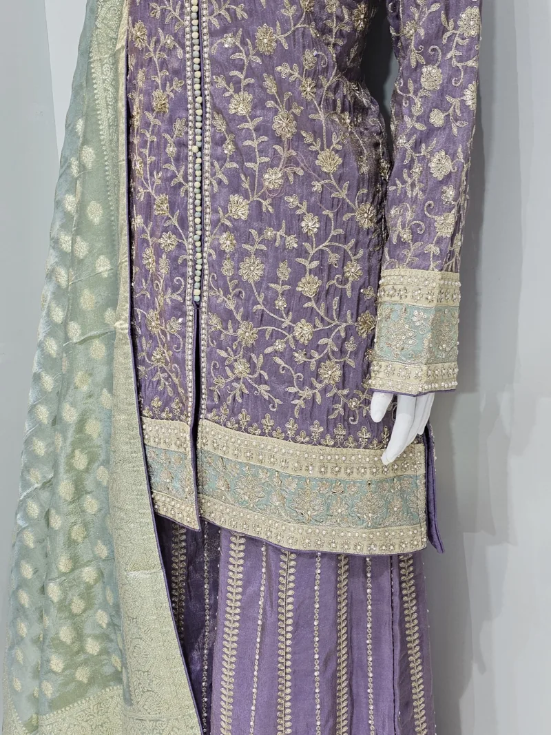 Pure Shimmer Tissue Lilac Purple Suit – Traditional Elegance with Handcrafted Details  |  3586 B - Patel Brothers NX 9