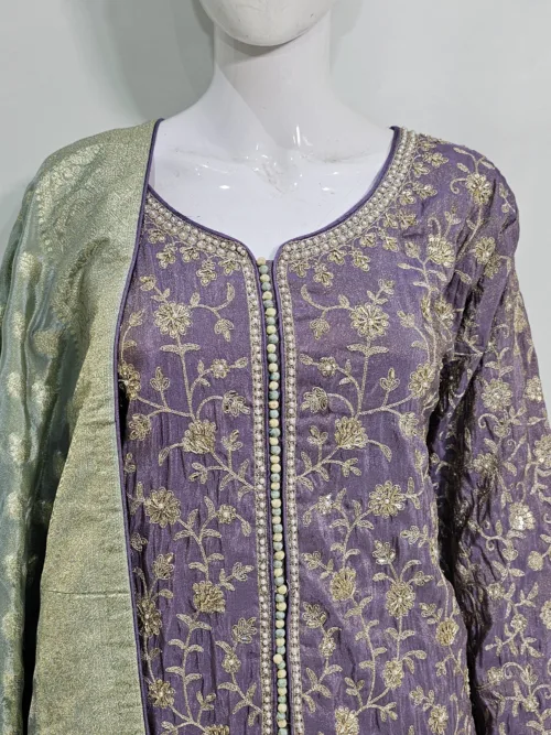 Pure Shimmer Tissue Lilac Purple Suit – Traditional Elegance with Handcrafted Details  |  3586 B - Patel Brothers NX 4