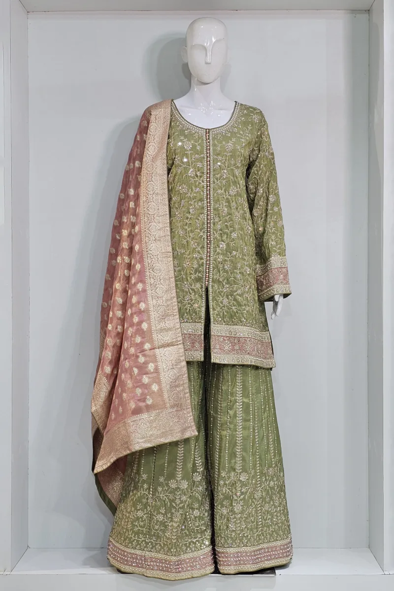 Pure Shimmer Tissue Pista Gold Suit – Traditional Elegance with Handcrafted Details  |  3586 B - Patel Brothers NX 3