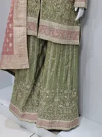 Pure Shimmer Tissue Pista Gold Suit – Traditional Elegance with Handcrafted Details  |  3586 B - Patel Brothers NX 11