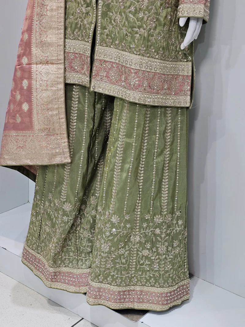 Pure Shimmer Tissue Pista Gold Suit – Traditional Elegance with Handcrafted Details  |  3586 B - Patel Brothers NX 6
