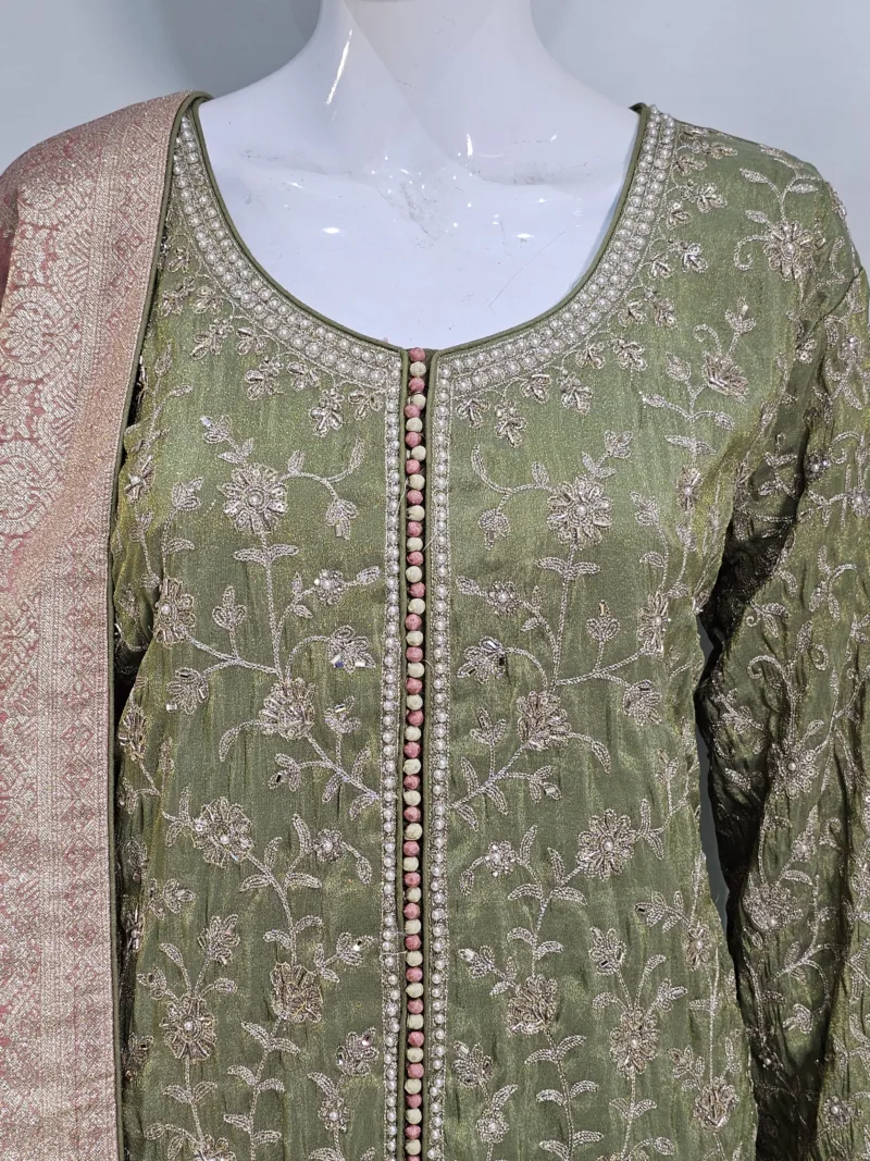 Pure Shimmer Tissue Pista Gold Suit – Traditional Elegance with Handcrafted Details  |  3586 B - Patel Brothers NX 5