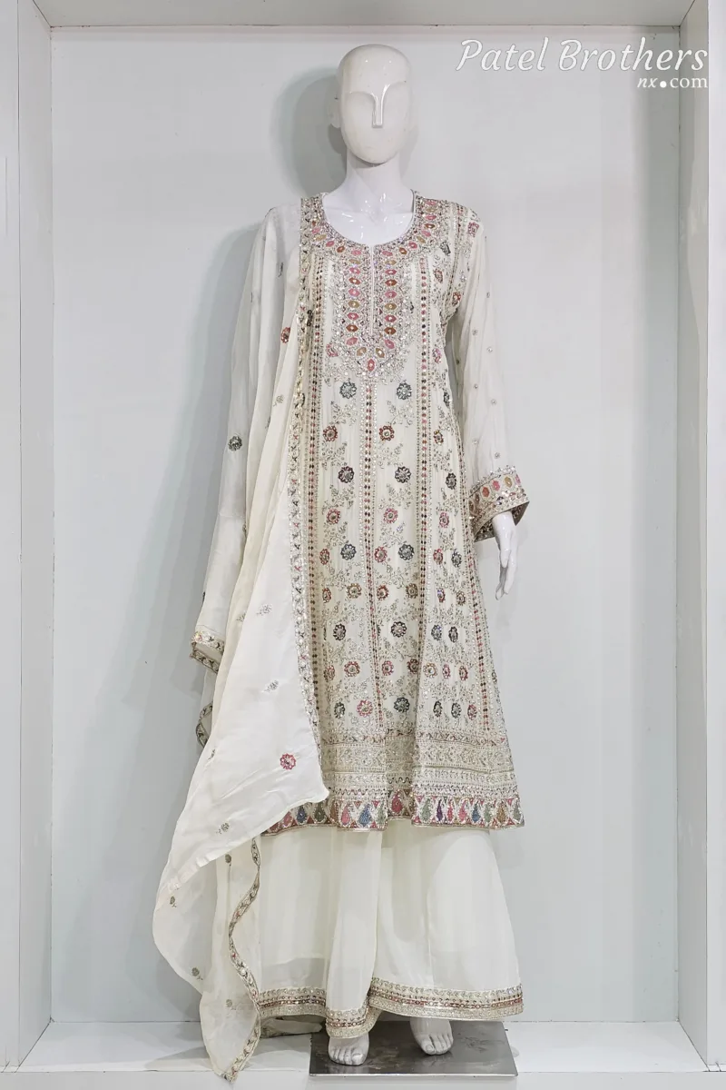 Elegant Off-White Pure Chinon Chiffon Embroidered Peplum Style Dress | 3236 B - Patel Brothers NX 3