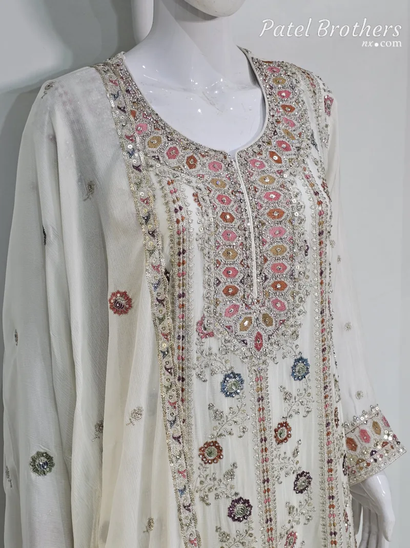 Elegant Off-White Pure Chinon Chiffon Embroidered Peplum Style Dress | 3236 B - Patel Brothers NX 6