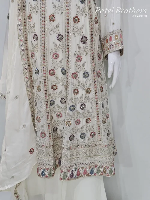 Elegant Off-White Pure Chinon Chiffon Embroidered Peplum Style Dress | 3236 B - Patel Brothers NX 3