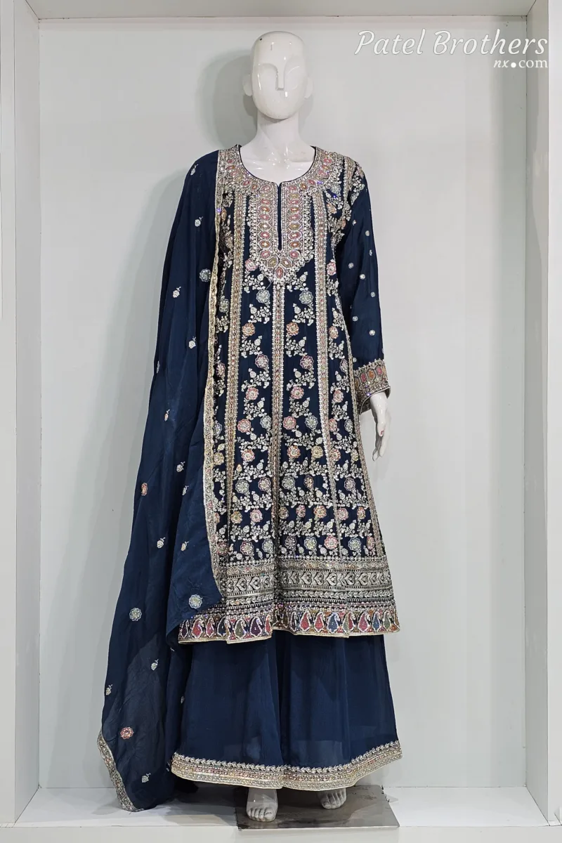 Elegant Navy Blue Pure Chinon Chiffon Embroidered Peplum Style Dress | 3236 C - Patel Brothers NX 3