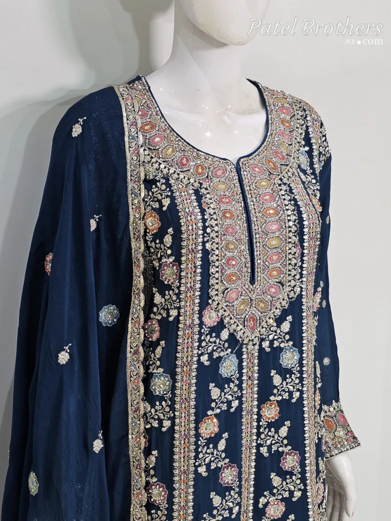 Elegant Navy Blue Pure Chinon Chiffon Embroidered Peplum Style Dress | 3236 C - Patel Brothers NX 4
