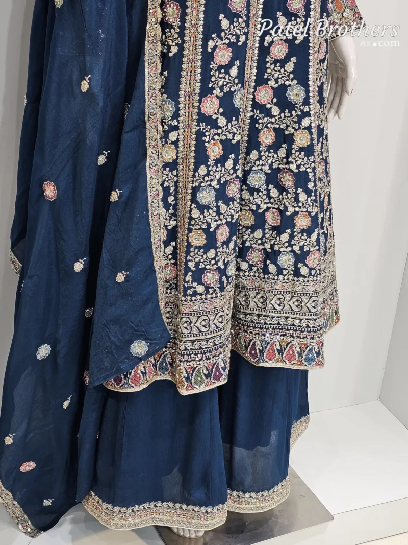 Elegant Navy Blue Pure Chinon Chiffon Embroidered Peplum Style Dress | 3236 C - Patel Brothers NX 7