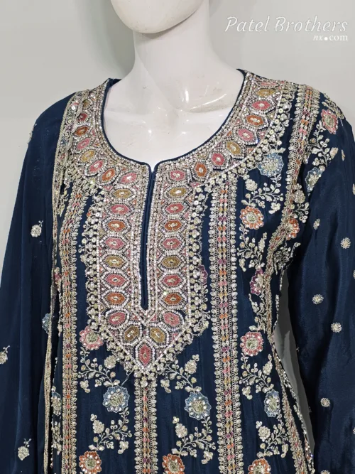 Elegant Navy Blue Pure Chinon Chiffon Embroidered Peplum Style Dress | 3236 C - Patel Brothers NX 4