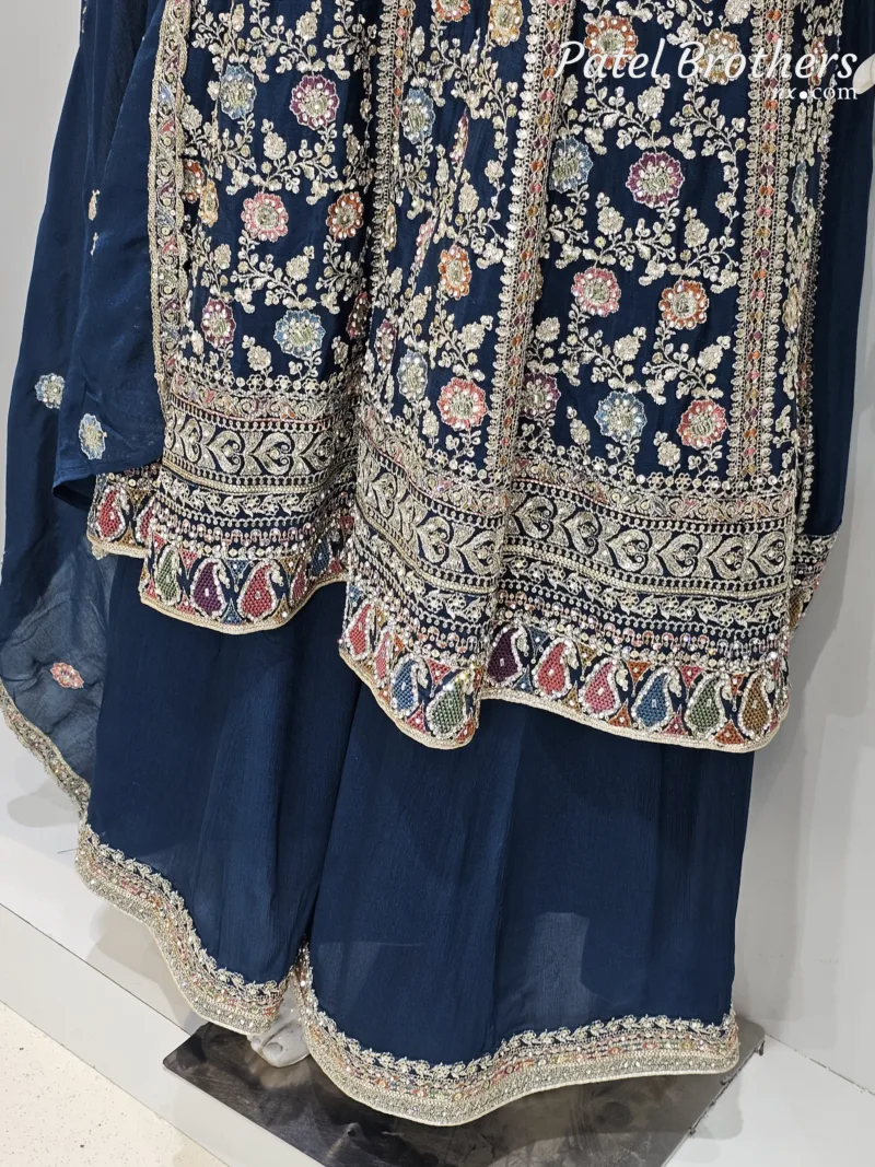 Elegant Navy Blue Pure Chinon Chiffon Embroidered Peplum Style Dress | 3236 C - Patel Brothers NX 5