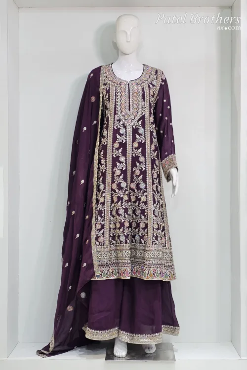 Elegant Navy Blue Pure Chinon Chiffon Embroidered Peplum Style Dress | 3236 C - Patel Brothers NX 14