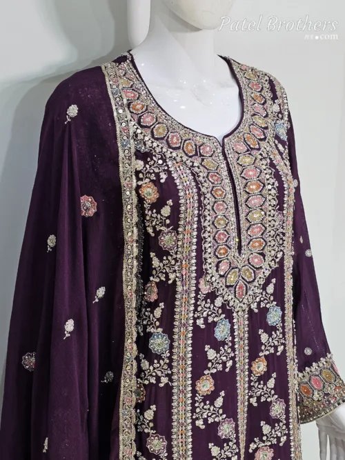 Elegant Dark Burgundy Pure Chinon Chiffon Embroidered Peplum Style Dress | 3236 D - Patel Brothers NX 2